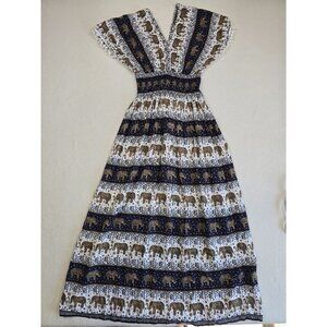Elephant Patterned V-Neck Maxi Dress Made In Thailand XS/S Boho